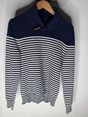 Celio Atelier Navy White Striped Shawl Collar Sweater Mens Size S NWT Cotton